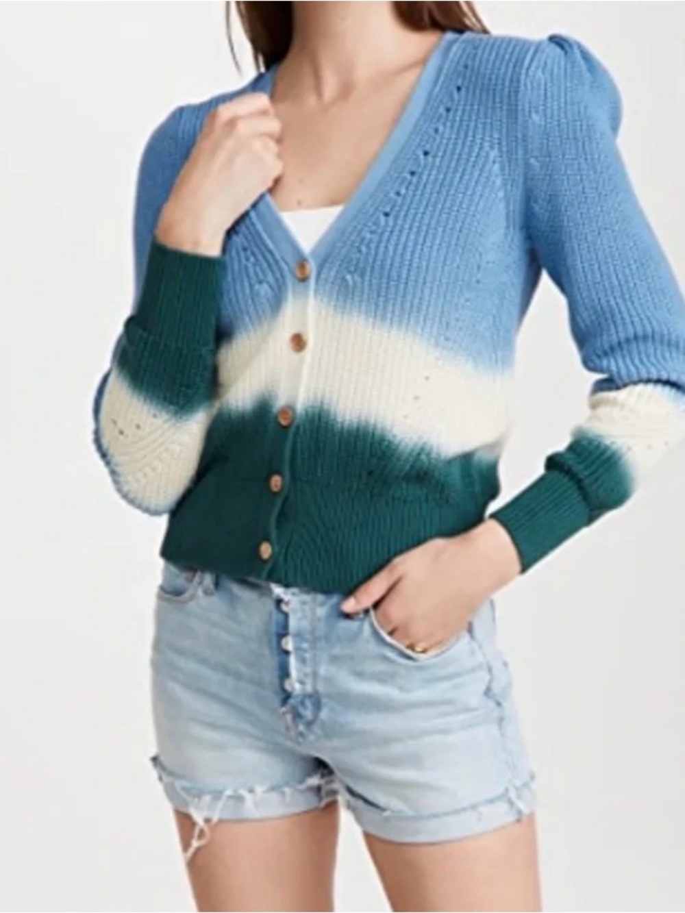 Veronica Beard Blue, Cream & Green Colorblock Ribbed V-Neck Cardigan